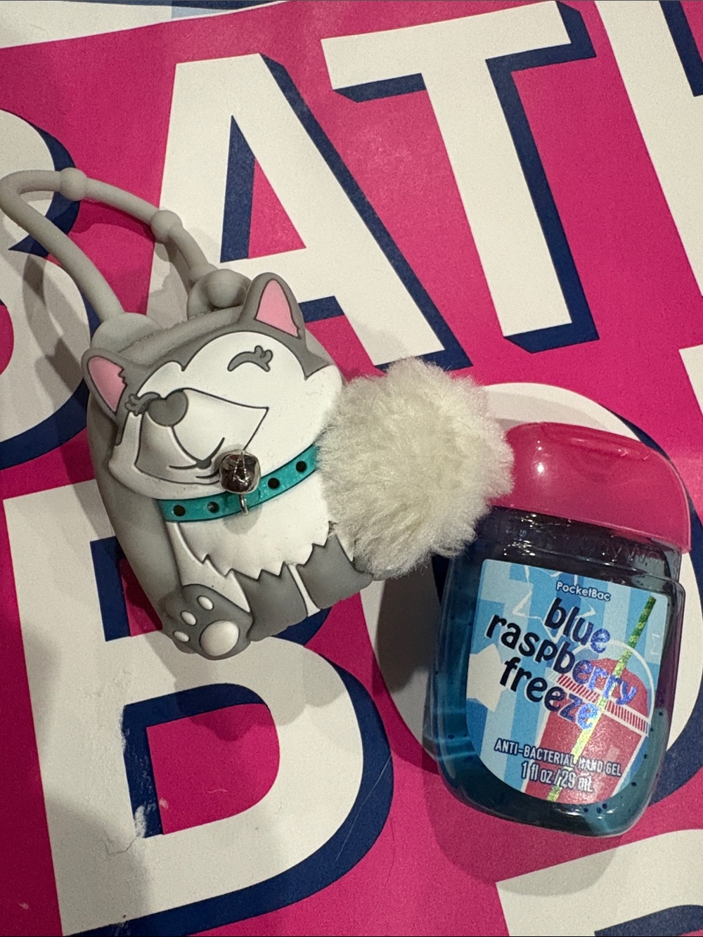 Husky Silicone Hand Sanitizer Holder with Pom Pom + Blue Raspberry Hand Gel 🐶